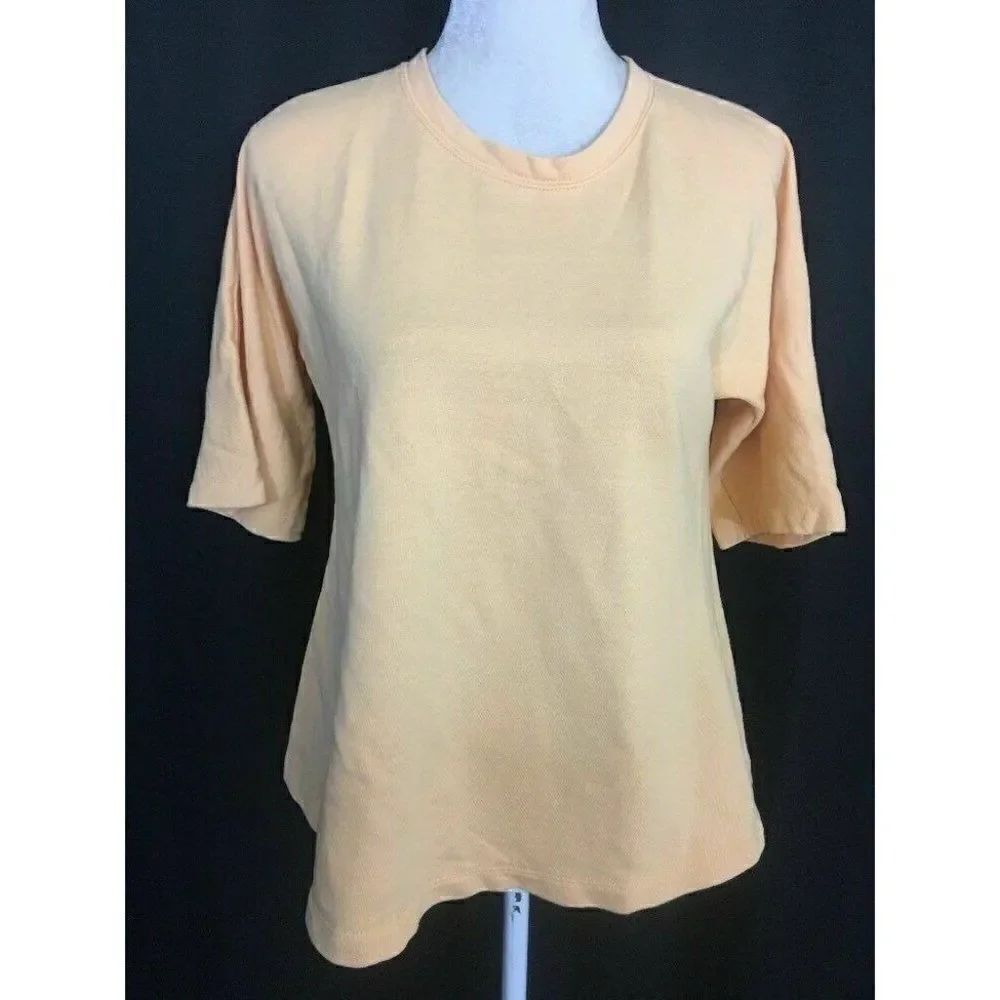Zara Womens Solid Orange Short Sleeve Crew Neck Sweater Top t shirt Cotton Small
